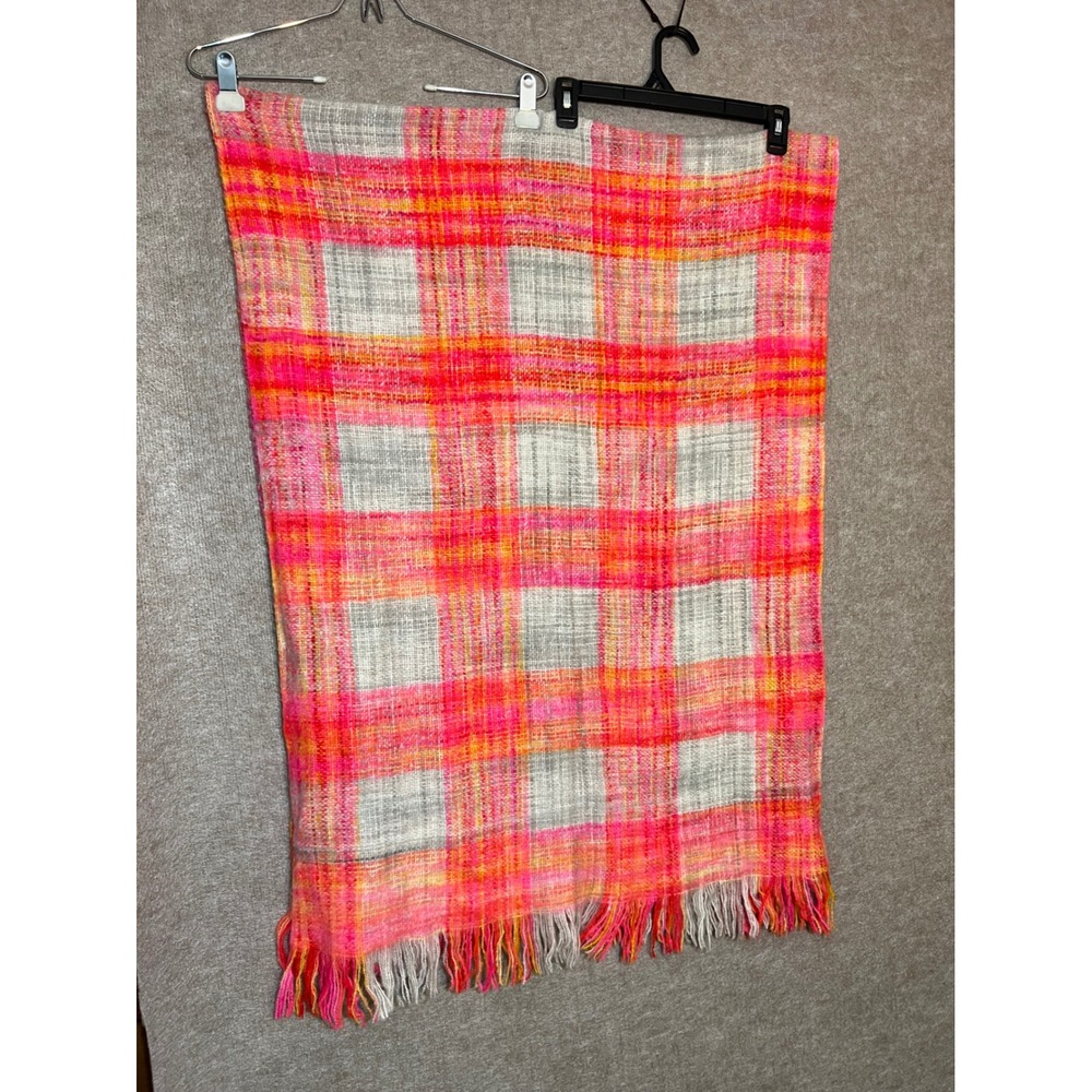 Vintage Plaid Scarf Women OS Neon Pink Orange Grey Fringe Soft Cozy Dopamine